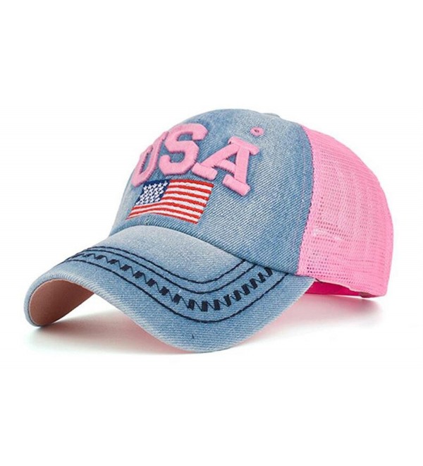 YAKER Washed Denim American Flag Embroidered Operator Cap Baseball Hat - Mesh Pink - CF1856ASR6Q