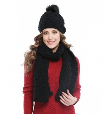 Bellady Women's Knitted Double Layers Beanie Cap with Pom Pom- Scarf Two Peice Set - Black - C412MBWLYZL