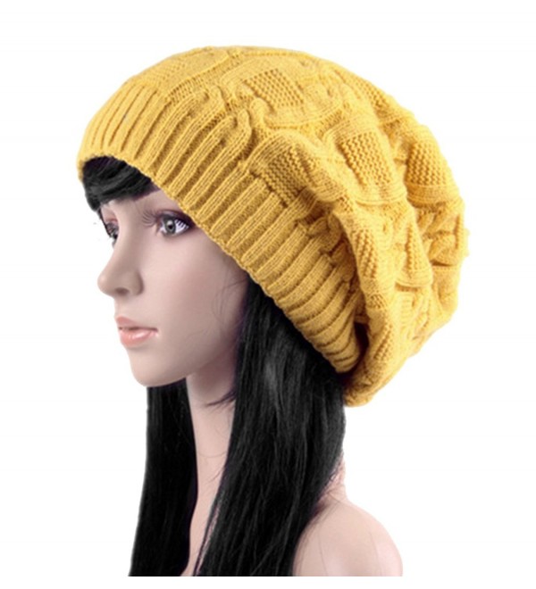 Women's Winter Knit Chunky Ribbed Slouch Pull Back Skull Slouchy Beanie Hat - Yellow - CW12NRSA394