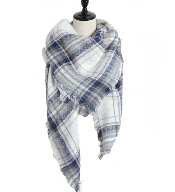 Sundayrose Plaid Blanket Scarf Oversized Square Tartan Shawl Wrap - Blue White - CZ17XMHOX78