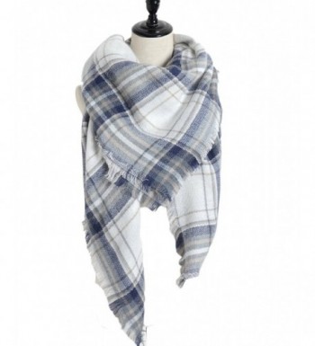 Sundayrose Plaid Blanket Scarf Oversized Square Tartan Shawl Wrap - Blue White - CZ17XMHOX78