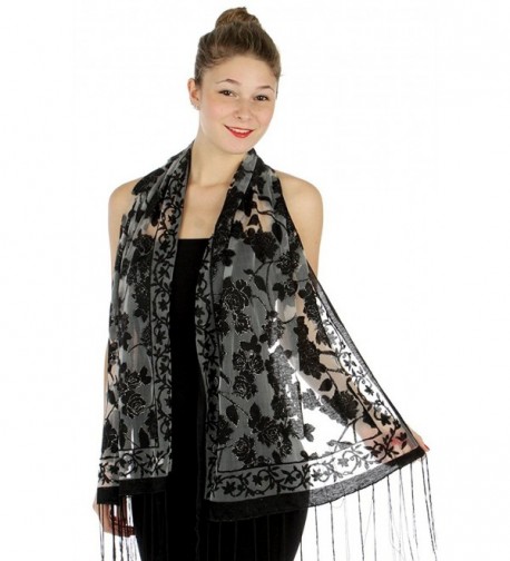 Sheer-Delights Rose Fringed Evening Wrap Shawl Scarf Black Silver - CQ11V2TLUMR