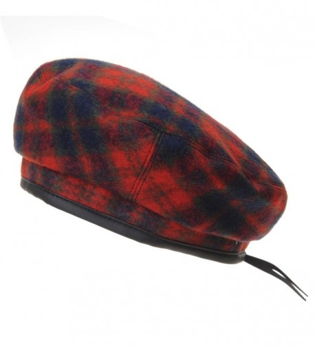 WITHMOONS Wool Beret Hat Tartan Check Leather Sweatband KR3781 - Red - C0186HL8ZAQ