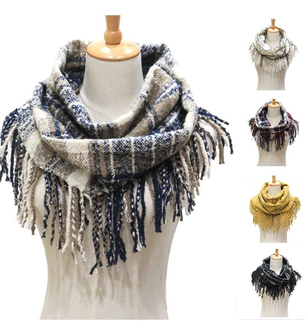 Winter Women Warm Plaid Infinity Scarf-Fashion Ladies Tassel Thick Loop Scarves - Navy - CI186R0Y3SN