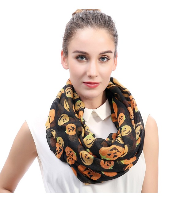 Lina & Lily Halloween Pumpkin Print Women's Infinity Loop Scarf Lightweight - Black - CS12M11H3G1