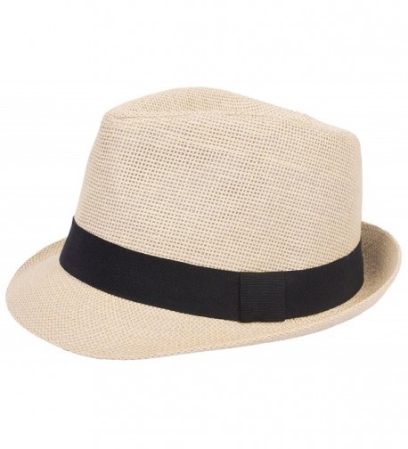 DRY77 Mens Womens Straw Summer Short Brim Fedora Hat Trilby Beach Gangster Hot - Beige - CL11LXULIQD