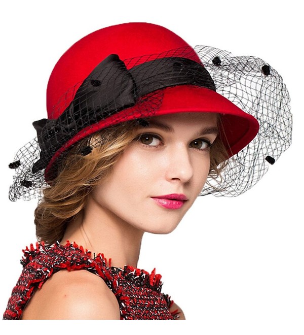 Maitose Women's Bow Wool Felt Bowler Veil Hat - Red - CX128NIYW5B