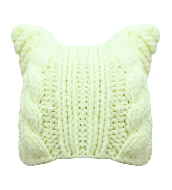 Luxury Divas Thick Cable Knit Beanie Hat With Pussy Cat Ears - Cream - C5187C7MTT5