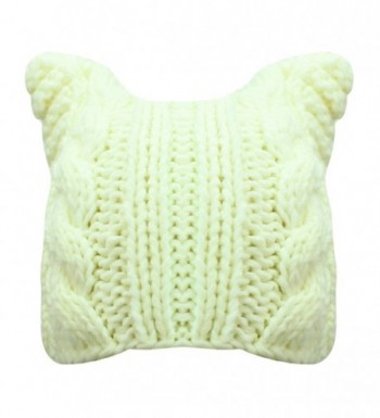 Luxury Divas Thick Cable Knit Beanie Hat With Pussy Cat Ears - Cream - C5187C7MTT5