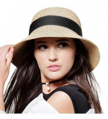 FURTALK Womens Foldable Summer Sun Beach Straw Hat UPF50 Travel Packable Summer Cap - Beige With Black Strap - CZ180OD4ZL5