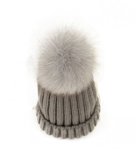 FUNNY365 Womens Knitted Hat Fox Fur Pom Pom Warm Slouchy Beanie Cap - Gray - CF188NI8LQ6