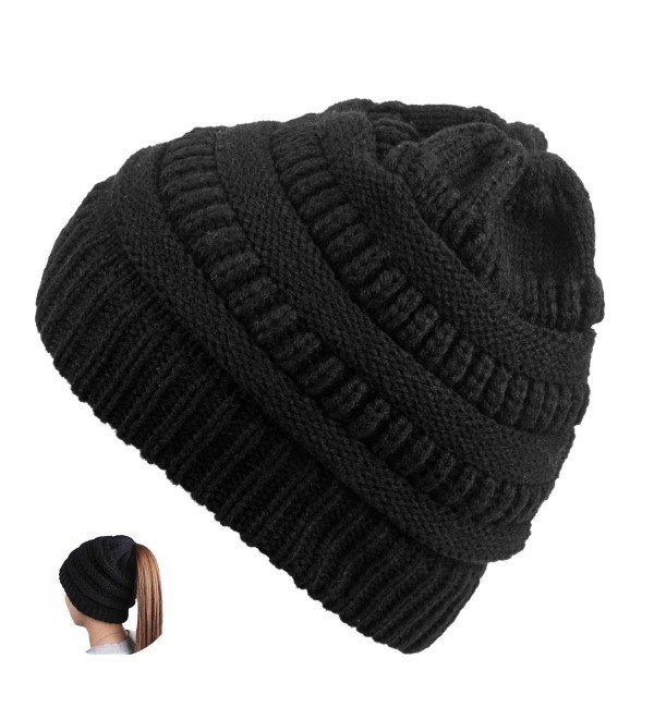TONLION Women Girl Stretch Knit Hat Messy Bun Ponytail Beanie Holey Warm Hats Winter - Black - C4189WW43C4