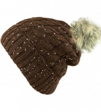 bogo Brands Fleece Lined Knit Beanie Hat with Faux Fur Pom Pom - 001 - Brown - CW188DOSNGQ