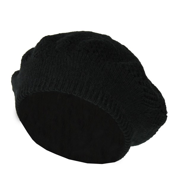 Winter Knit Pointelle Lace Beret Hat- Classic Slouchy Beanie Cap - Soft Stretch - Black - CT1868C6MR8