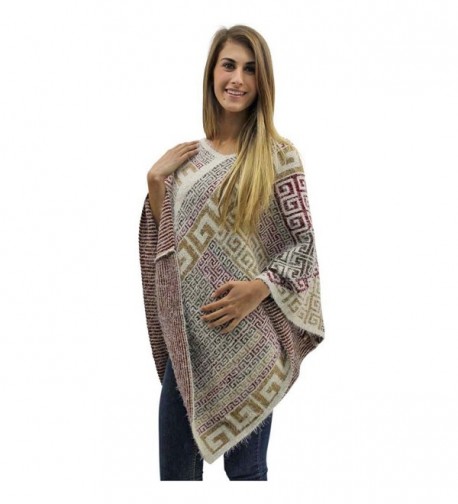 Beige Multicolor Greek Pattern Poncho in Wraps & Pashminas