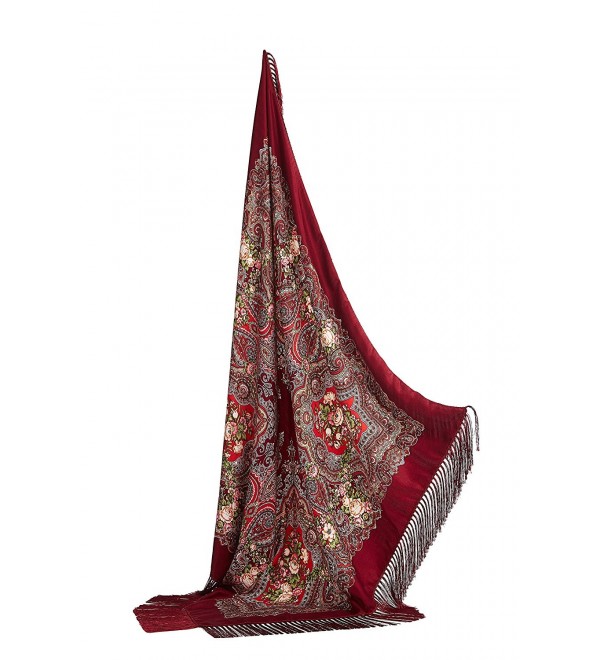 Ladies Floral Shawl With Tassels Ukrainian Polish Russian Square Scarf 44" x 44 - Venetian Red - CG17YLQ6MUW