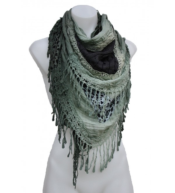 Terra Nomad Women's Knit & Cotton Fringed Triangle Scarf Shawl - Olive - CD11U6HWWMN