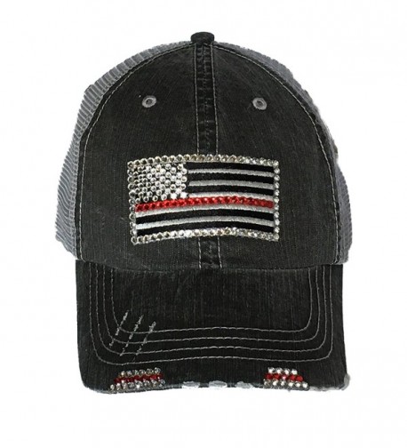 Thin Red Line Flag Bling Baseball Cap Distressed Trucker Swarovski - Gray Denim Trucker - CQ12IJYUNLB