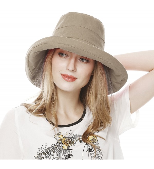 Lovful Women's Cotton Big Brim Hat Summer Beach Hat With Fold-Up Brim - Khaki - CL12DGZQCRR