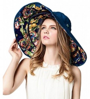 Women Large Wide Brim 2in1 Floppy Travel Beach Sun Visor Bucket UPF 50+ Hat Cap - Navy Blue- Flowers - CH12HXPYQNN