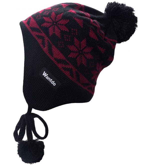 Wantdo Unisex Knitted Ski Winter Hat Crochet Snowflake Pattern Beanie with Pom - Black/Wine - CM12MZP2JFI