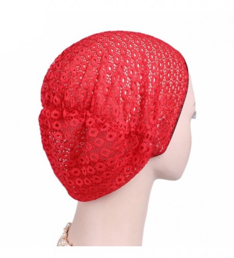 Qingfan Women Ruffle Cancer Chemo Elegant Lace Hat Beanie Scarf Turban Head Wrap Cap - Red - CL186494DLH