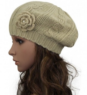 MINAKOLIFE Women Crochet Braided Knit Flower Beret Baggy Beanie Ski Cap Hat - Beige - CE11ZYOBZXP