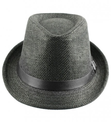 Samtree Unisex Braid Straw Fedora Hat-Classic Short Brim Belt Panama Cap - Black - C112GBK4NU7