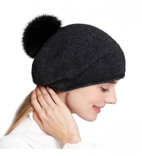 Cashmere Womens Winter Beret Beanie Hat Slouch Baggy Knit Fox Fur Pom Pom Hat - Hat With Pom Pom - CZ18536R5Y2