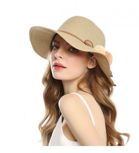 Welrog Foldable Straw Summer Hats Women Wide brimmed Hats With Balls For Travel - Brown - CM18063KCOU