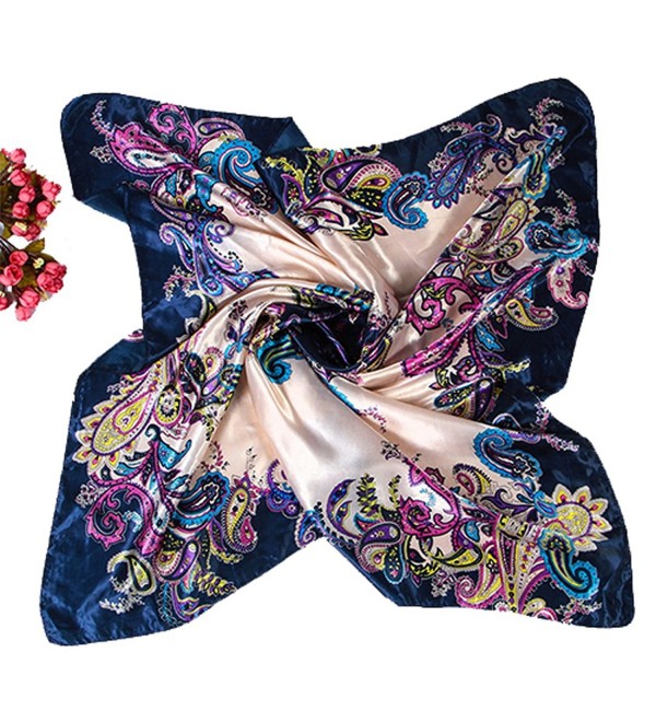 Polytree Womens Floral Imitated Silk Satin Large Square Scarf 35"&times35" - Dark Blue 2 - CJ12N14A16N