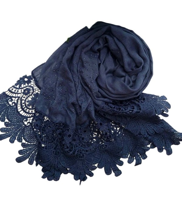 Raylans Women Lady Fashion Cotton Lace Long Scarf Wrap Shawl - Navy Blue - CQ12NS3XADR