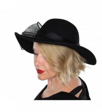 Evelyn Wool Bucket Hat Wide Brim Vintage Cloche Flapper Tea Party Church with Flower - Black - CY12MY6U8F8