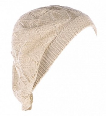 Be Your Own Style BYOS Womens Airy Cutout Lightweight Leafy Crochet Beret Beanie Hat (Lt. Beige Leafy) - CL12MA92MN2
