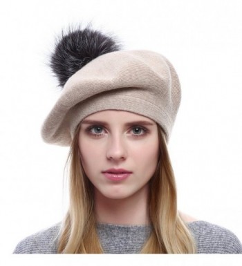 Moncey Winter Berets For Womens Wool Beanies Knitted Cashmere Hats With Fox Fur Pompom - Beige - CA187Q097DR
