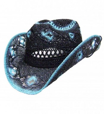 Modestone Women's Straw Cowboy Hat Black Turquoise - CU127MG21NP