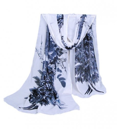 Herebuy - Unique Women's Floral Scarves: Chiffon Flowers & Birds Printed Scarf - Blackwhite - C5186R756WO