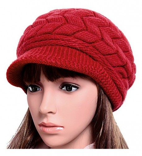 Women Lady Braided Warm Cabled Knit Winter Beanie Crochet Hats Newsboy Caps Red - CF129B3VRPF