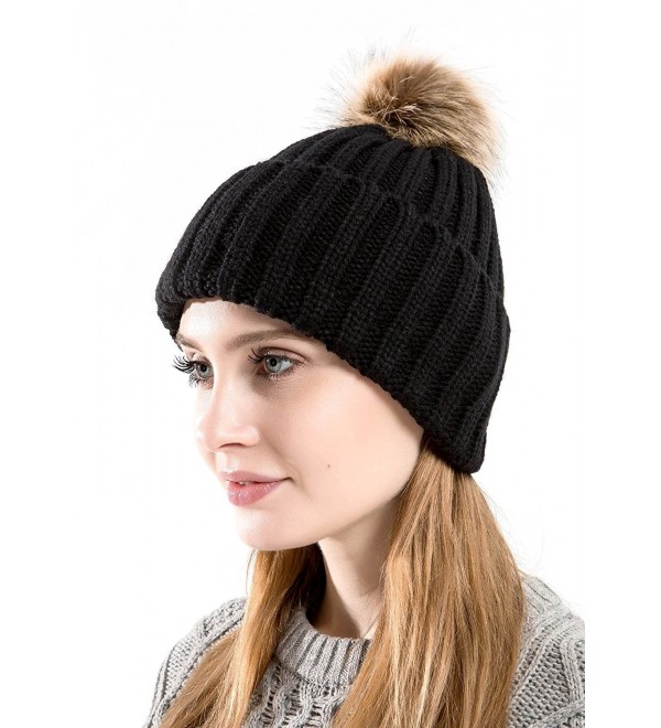 Winter Beanie For Women Knitted Beanie Cable Knit Hat With Fluffy Pom ...