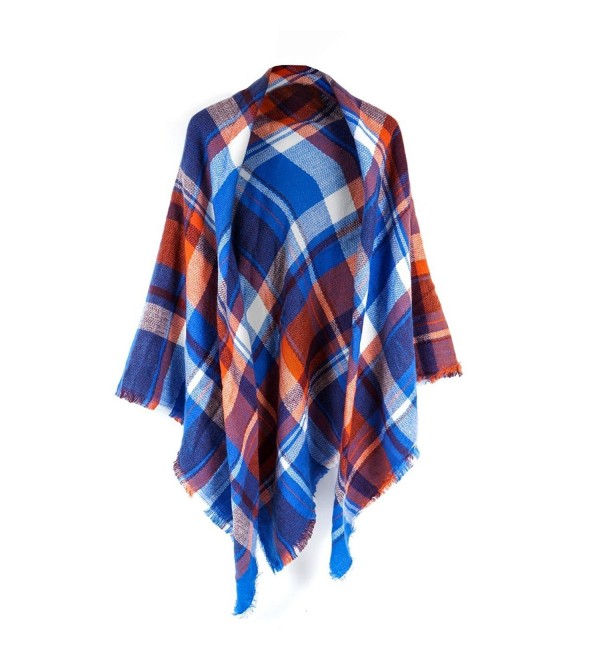 Women's Cozy Tartan Scarf Wrap Shawl Neck Stole Warm Plaid Checked Pashmina - Blue/Orange - CB186GUD6WX