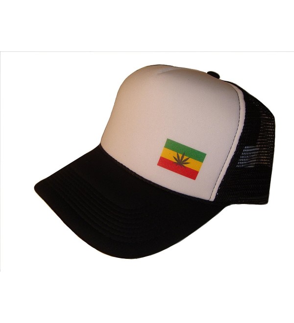 Marijuana Weed Leaf Rasta Flag Mesh Trucker Cap (One Size- Black/White) - CQ11N5ZS9Z7