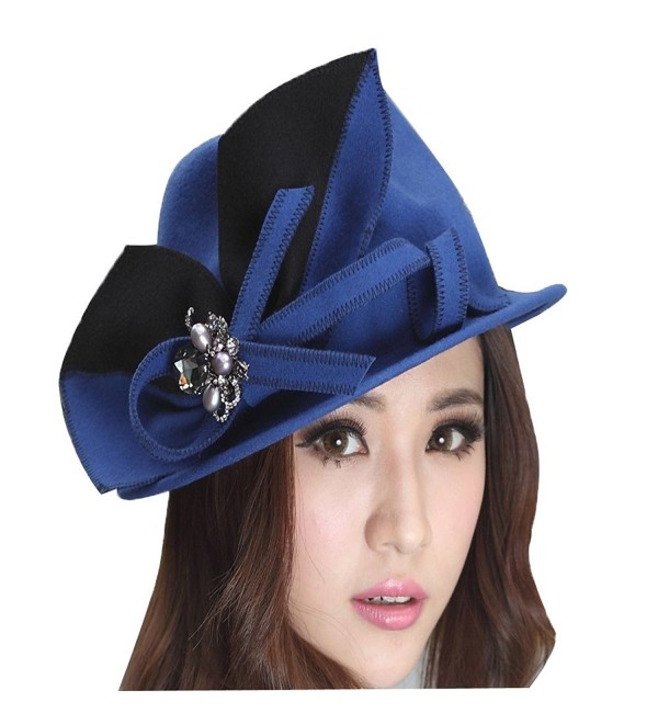 June's Young Fashion Women Winter Hat Bow Brooch Blue Wool Felt Hat Female Fedoras - CR11HMQI0BN