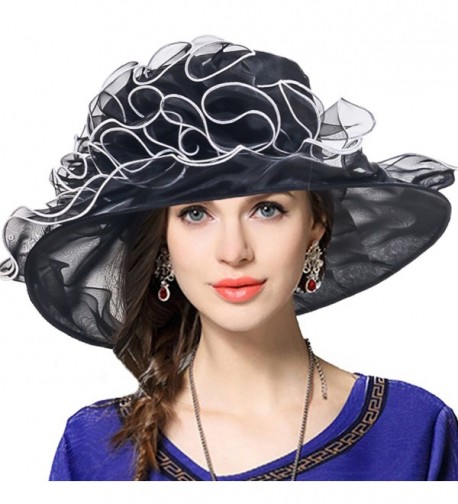 VECRY Women Church Dress Kentucky Derby Organza Wide Brim Party Hat - Black - C712NRY8T6G