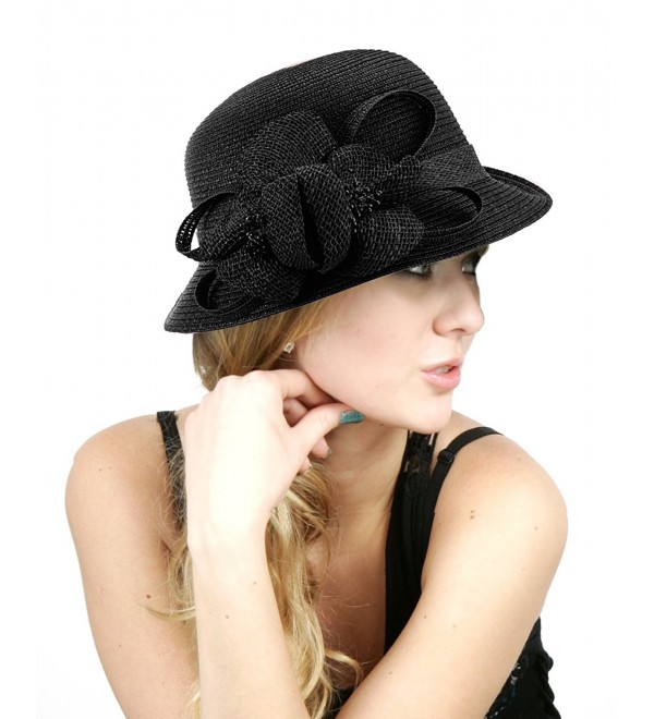 NYFASHION101 Side Flip Cloche Bucket Hat w/Woven Flower & Ribbon Accent- Black - C511W827RN3