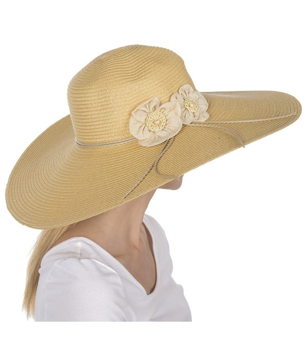 Sakkas Bella UPF 50+ 100% Paper Straw Flower Accent Wide Brim Floppy Hat - Natural - C91190EY3D9