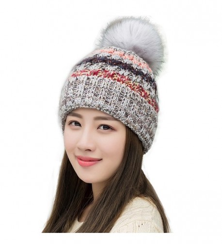 Ypser Women's Winter Slouchy Knitted Hat Fleece Lined Cable Faux Fur Pom Beanie Hat - Grey - CR12NTOALC3