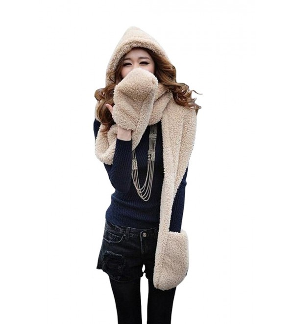 Tonwhar Womens Cute Winter Thick Warm Long Hooded Scarf with Mittens - Beige - C511PH7SBTF