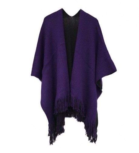 Kocome Women Blanket Oversized Scarf Wrap Long Knit Shawl Poncho Tassel Fringe - Black+purple - C612O2RGRED