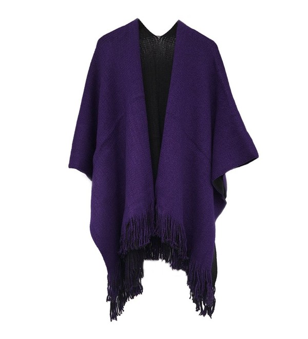 Kocome Women Blanket Oversized Scarf Wrap Long Knit Shawl Poncho Tassel Fringe - Black+purple - C612O2RGRED