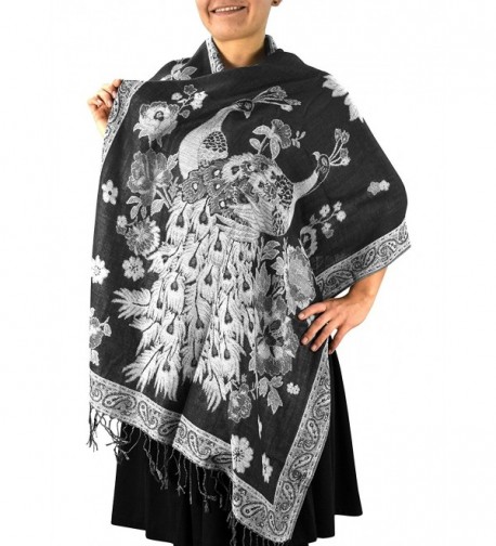 Peach Couture Floral Peacock Reversible Shimmer Layered Pashmina Wrap Shawl Scarf - Black/White - C31875MHYMT